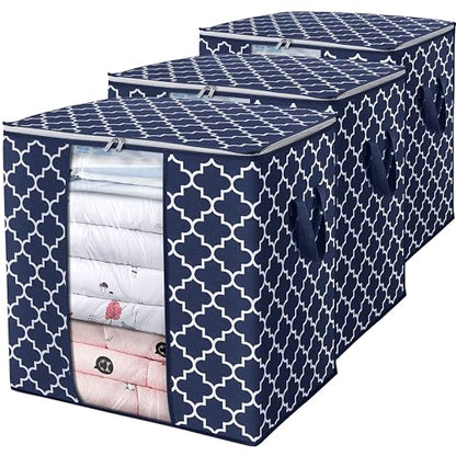 WISELIFE Storage Bags 3 Pack/100L Large Blanket Clothes Organization and Storage Containers for Comforters,Bedding, Foldable Organizer with Reinforced Handle, Clear Window, Sturdy Zippers,Blue