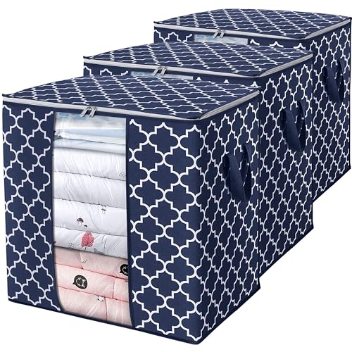 Storage Bags 3 Pack 100L Clothes Organization and Storage Containers | Large Blanket for Comforters,Bedding, Foldable Organizer with Reinforced Handle, Clear Window, Sturdy Zippers, Blue