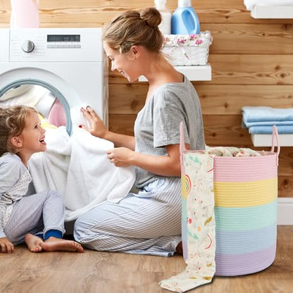XUANGUO Rope Laundry Basket Hamper for Kids Girl, rainbow | Woven Storage Basket for Living Room Bedroom Boho Tall Baskets for Blanket Toys Pillow Towels Baby Nursery Hamper Bin