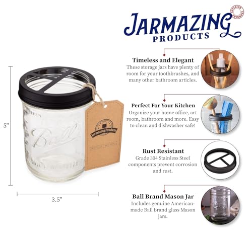 Mason Jar Toothbrush Holder – Black – with 16 Ounce Ball Mason Jar – Made from Rust-Proof Stainless Steel