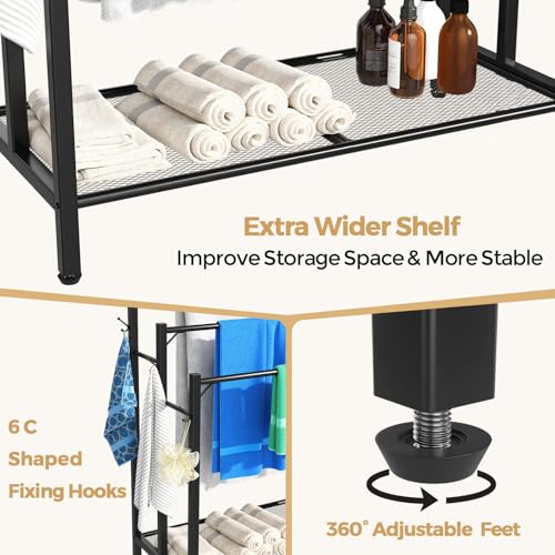 3 Tier Towel Rack with Large Storage & 6 Hooks, Blanket Rack for Oversized Bath Towels, Free Standing Pool Towel Rack Stand for Bathroom Pool Indoor/Outdoor, 35.8" H x 31.5" L x 11.8" W
