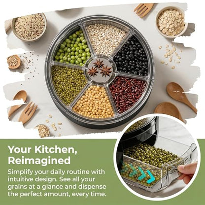 Rotating Grain Storage Bin 6 Grids Rice Container One-Click Output Large Capacity Food Dispenser For Rice Grains Sealed Moisture Proof Organizer (Black)