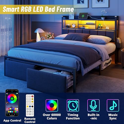Queen Size Bed Frame with Headboard, Drawers, Charging Station