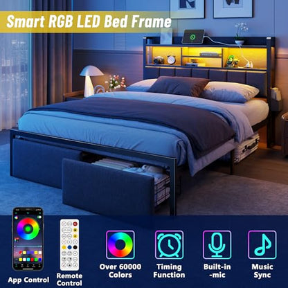 Queen Size Bed Frame with Headboard, Drawers, Charging Station