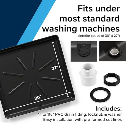 Camco Washing Machine Drain Pan - Features a Durable Plastic Construction, 1-inch/1.5-inch PVC Drain Fitting, and Measures 30-inches (L) x 32-inches (W) x 2 ½-inches (H) (OD) (20750)