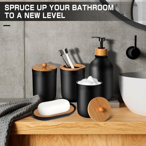 Black Bathroom Accessories Set 5 Pcs, Matte Black Bathroom Accessories, Plastic Soap Dispenser and Toothbrush Holder Set, Soap Dish, Cotton Swab Jar, Black Bathroom Set, Boho Bathroom Decor