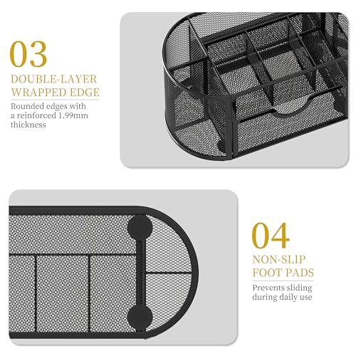 Mesh Desk Organizer with Drawer, 9-Compartment Pen Holder for Desk, Black | Pull-Out Drawer Stores Pens, Pencils, Clips, Notes, and Small Office or School Supplies in One Compact Desk Caddy