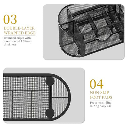 Mesh Desk Organizer with Drawer, 9-Compartment Pen Holder for Desk, Black | Pull-Out Drawer Stores Pens, Pencils, Clips, Notes, and Small Office or School Supplies in One Compact Desk Caddy