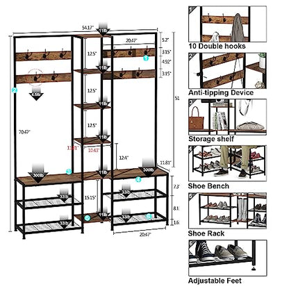 GiftGo Corner Hall Tree with Shoe Rack Storage Bench Display Open Shelves Modern Industrial Entryway Coat Rack Stand for Home Living Room Mudroom Bedroom Multifunctional 5 in 1 (Rustic Brown)