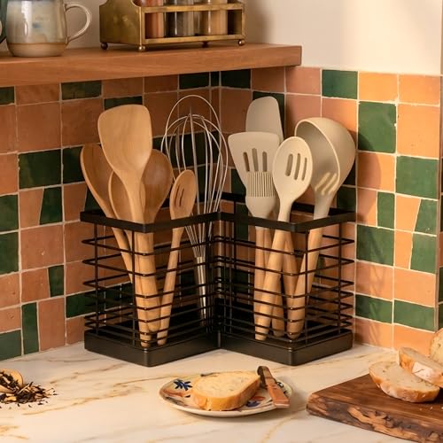 Extra Large Countertop Utensil Holder for Kitchen Counter,Fit Corner | Against Wall,Hold 40 tool,Removable Divider,Easy Clean,Sturdy Farmhouse Cooking Utensil Organizer Caddy,Rutic,Metal,Black