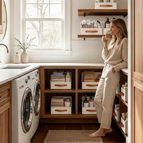 Fabric Storage Bins for Organizing - 6 Pack Large Trapezoid Collapsible Storage Bins with Front Handle, Closet Organizers and Storage for Bedroom, Home Shelves, Small Spaces, Beige