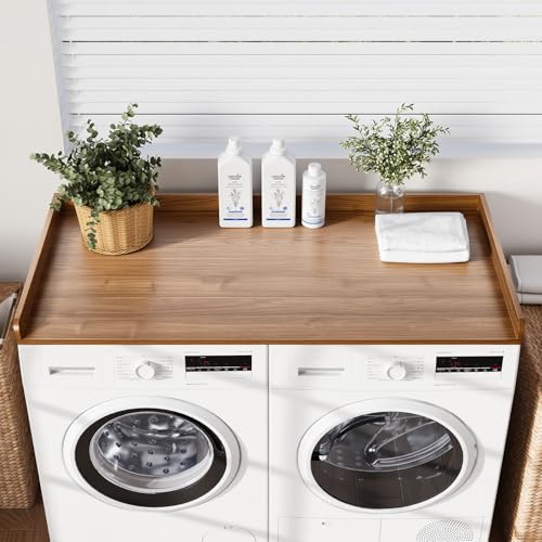 Fivesun Washer Dryer Countertop, 27.5" x 54“ Wood Washer and Dryer Countertop with Edge Rails for Laundry Room Organization and Storage, Dark Walnut