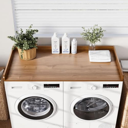 Fivesun Washer Dryer Countertop, 27.5" x 54“ Wood Washer and Dryer Countertop with Edge Rails for Laundry Room Organization and Storage, Dark Walnut