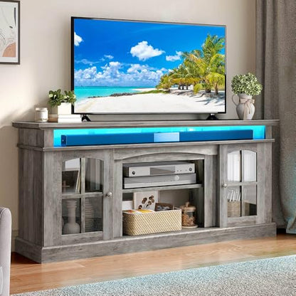 LED Farmhouse TV Stand for 75 Inch w/Outlets, Mode... (Grey | Engineered Wood)
