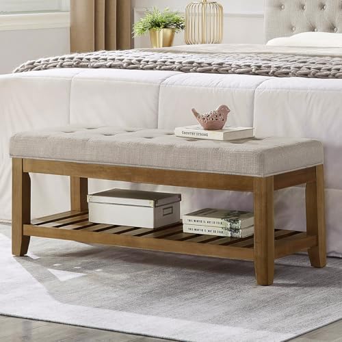 Large Rectangular Upholstered Tufted Linen Fabric... (Linen-bench)