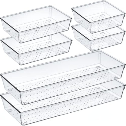 6 Pcs Large Size Clear Drawer Organizer Set, Acrylic Non Slip Non Cracking Kitchen Drawer Storage Tray Divider, Multifunctional Storage for Cosmetics, Bathroom, Tools, Kitchen and Office