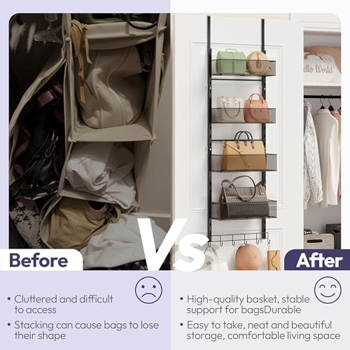 Over the Door Purse Organizer - Wall Mounted Purse Rack with 4 Adjustable Metal Basket and 6 Hooks, Hanging Bag Rack for Handbag Organizer, Bag Storage Can Use As 1/2 Part, for Door