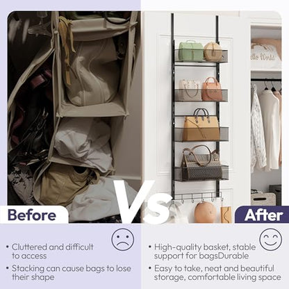 Over the Door Purse Organizer - Wall Mounted Purse Rack with 4 Adjustable Metal Basket and 6 Hooks, Hanging Bag Rack for Handbag Organizer, Bag Storage Can Use As 1/2 Part, for Door