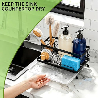 Sponge Holder for Kitchen, Sink Caddy Organizer, Kitchen Sink Accessories with Drip Tray, Rustproof and Non-slip Kitchen Sink Sponge Holder (Black)