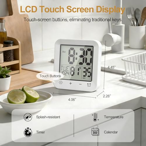 Shower Clock Waterproof, Bathroom Digital Clock with Timer, LCD Display, Touch Screen, Suction Cup, Temp, Seconds, Hanging, Hole Stand, Digital Wall Clocks Battery Operated for Kids and Adults