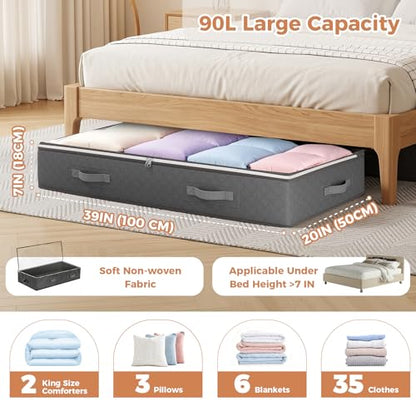 90L Under Bed Storage Containers, 4 Pack Closet Organizers Grey | Foldable underbed storage bins for linen sheets, blanket, clothing, comforter, sweaters, pillows, wrapping paper