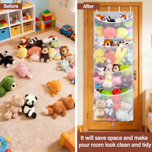 Over Door Stuffed Animal Storage, Hanging Plush Toy Organizer Holder | Behind Door Organizer with 4 Large Pockets, Mesh Hammock Bag for Doll & Bear Stuffies, Idea for Girl Boy Kid Nursery Closet
