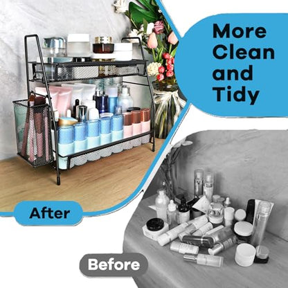 Bathroom Organizer Countertop, Spice Rack Organizer for Cabinet,Black | 2-Tier Bathroom Counter Organizer,Vanity Organizer Corner Shelf with Small Basket for Sink,Kitchen,Bedroom,Living room,Office