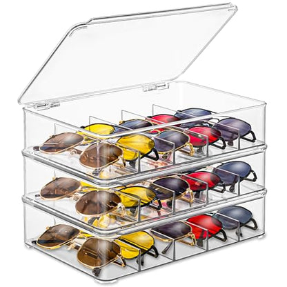 Sunglass Organizer, 3 Layers Acrylic Sunglasses Organizer, Clear Stackable Glasses Storage Organizer with Lid, Eyeglass Storage for Multiple Glasses, Reading Glasses