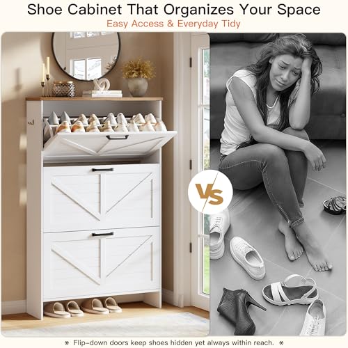 Shoe Cabinet, 3 Flip Drawers & Adjustable Shelves, Ultra Slim Freestanding (9.1” Deep), Holds 30 Pairs, Narrow Shoe Storage Cabinet with Anti-Tip Safety, Modern Farmhouse White Walnut