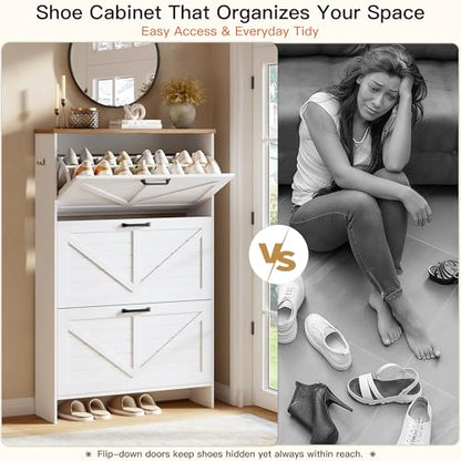 Shoe Cabinet, 3 Flip Drawers & Adjustable Shelves, Ultra Slim Freestanding (9.1” Deep), Holds 30 Pairs, Narrow Shoe Storage Cabinet with Anti-Tip Safety, Modern Farmhouse White Walnut