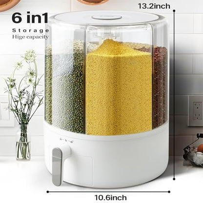Grain and Rice Storage Container, 6 Grid Grain Dispenser, Food Dispenser | 360° Rotating 25lb Large Food Dispenser, Rice Dispenser Upgrade 6 Compartment Rotating, Airtight Storage White