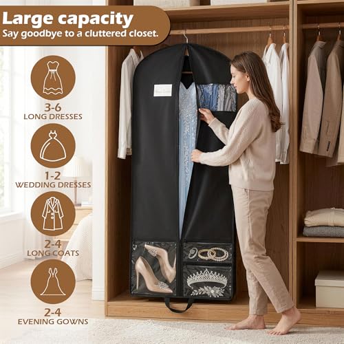 65" Long Garment Bags, 2 Pack Waterproof Travel Dress Bags for Hanging Clothes, Wedding Dress Cover Clothes Protector for Closet Storage, Suitable for Gowns, Tuxedos, Coats, Black