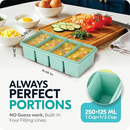 Silicone Freezer Trays with Lids, 1-Cup Soup Container Style Ice Cube Trays for Freezer - Leakproof, Dishwasher,Oven Safe, Stackable, Ideal for Frozen Broth, Leftovers & Meal Prep, BPA Free 2 Pack