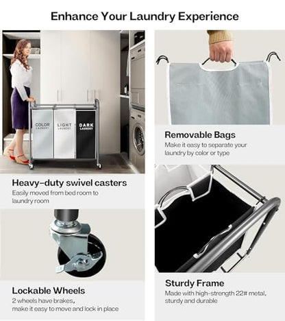 Laundry Sorter Hamper 3 Section, Divided Laundry Basket Organizer with Heavy Duty Lockable Wheels and Removable Bags, Rolling Clothes Hamper for Apartment, Dorm & Family (135L Multicolor)