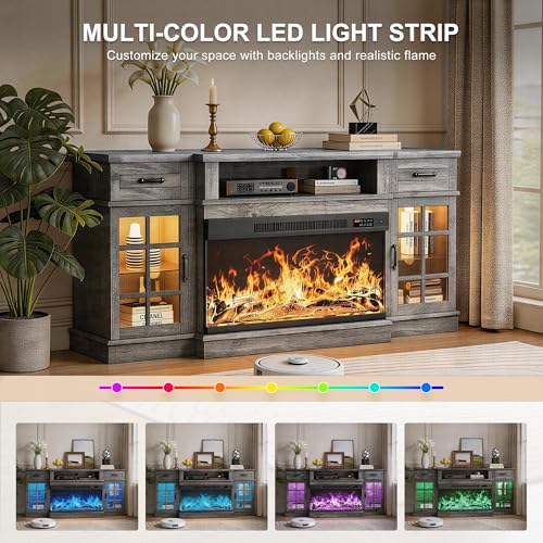 MXV 70" Fireplace TV Stand, 3-Sided Glass Fireplace and Modern Entertainment Center, Wooden Media Console with Glass Doors & Storage Drawers, LED Light, for Living Room, Grey