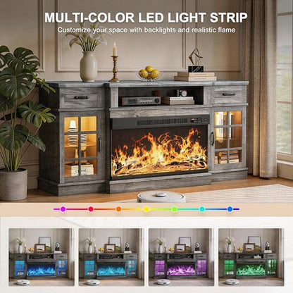 MXV 70" Fireplace TV Stand, 3-Sided Glass Fireplace and Modern Entertainment Center, Wooden Media Console with Glass Doors & Storage Drawers, LED Light, for Living Room, Grey