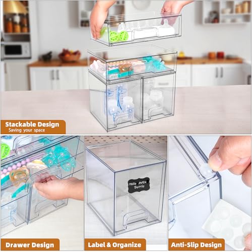 Baby Bottle Organizer, 4 Pack Stackable Storage Drawers with Labels, Clear Station Organizers Container for Pacifiers, Pump Parts, Desk Organizer Bins for Bathroom, Cabinet, Pantry, Vanity, Countertop