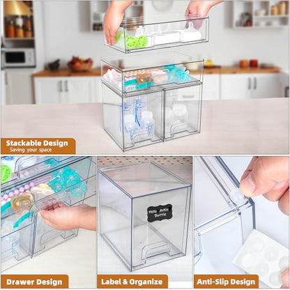 Baby Bottle Organizer, 4 Pack Stackable Storage Drawers with Labels, Clear Station Organizers Container for Pacifiers, Pump Parts, Desk Organizer Bins for Bathroom, Cabinet, Pantry, Vanity, Countertop