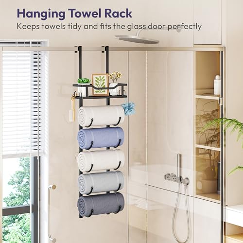 Over the Door Towel Rack - 6 Tier Towel Racks for Bathroom Wall Mounted, Towel Holder with Shelf, Hanging Rolled Towel Storage Organizer for Small Bathroom, Camper, RV, Black