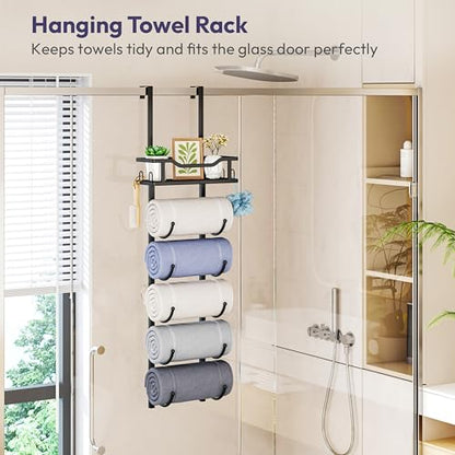 Over the Door Towel Rack - 6 Tier Towel Racks for Bathroom Wall Mounted, Towel Holder with Shelf, Hanging Rolled Towel Storage Organizer for Small Bathroom, Camper, RV, Black