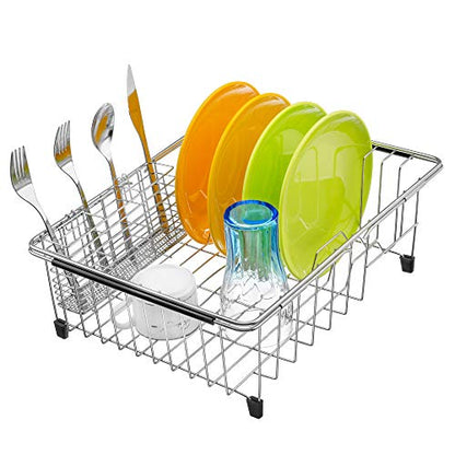 Expandable Dish Drying Rack Over Sink, Rustproof Stainless Steel Basket Shelf, Multifunctional Dish Drainer Organizer with Utensil Cutlery Holder