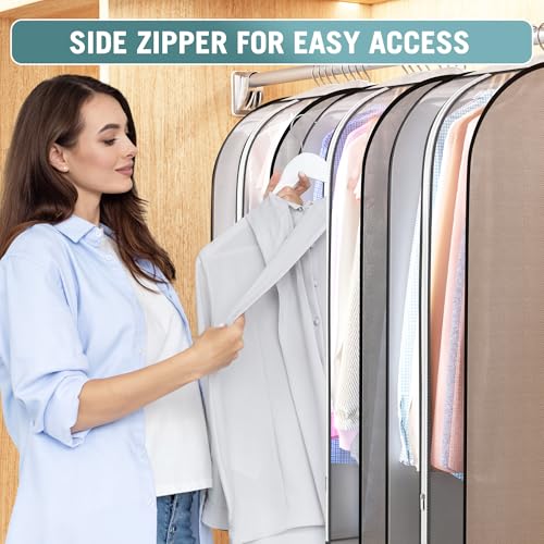 Liuoud 10" Gusseted Garment Bags for Hanging Clothes 40" Suit Bags for Open Closet Storage, Side Clear Clothing Cover for Coat, Dress, Jacket, Shirt, Fur Wardrobe Protector, 3 Packs, Grey