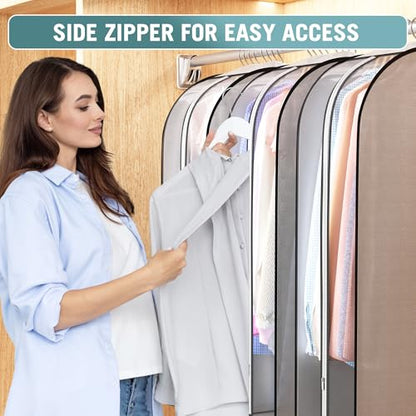 Liuoud 10" Gusseted Garment Bags for Hanging Clothes 40" Suit Bags for Open Closet Storage, Side Clear Clothing Cover for Coat, Dress, Jacket, Shirt, Fur Wardrobe Protector, 3 Packs, Grey