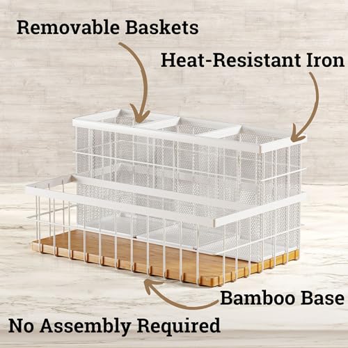 Hair Tool Organizer Countertop, Breathable Metal & Bamboo, Heat-Resistant | No Assembly Required, Removable Baskets, Heat-Resistant Iron, Bamboo Base, Spacious & Breathable Hot Tools Organizer Vanity