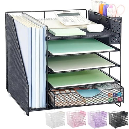 5-Tier Desk Organizer with Drawer and Pen Holder, Black | Paper Letter Tray Organizer with File Holder, Suitable for Workspace Organizer Office Supplies Storage