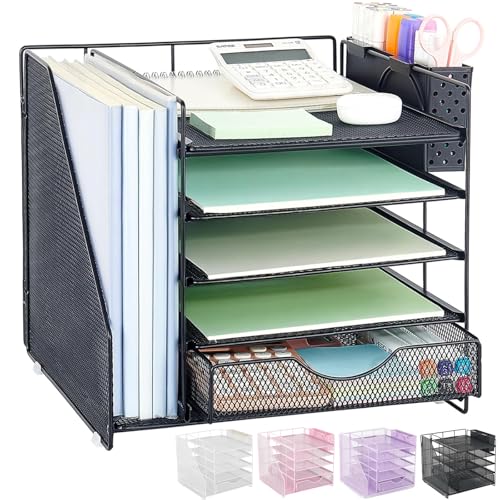 5-Tier Desk Organizer with Drawer and Pen Holder,... (Black | Metal)