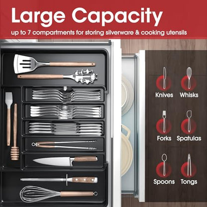 Aujen Silverware Drawer Organizer, Adjustable Utensil Cutlery Tray | Expandable Kitchen Organizer for Forks, Knives, Multipurpose Kitchen Storage , Apartment Essentials, Black, Large