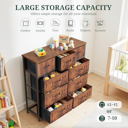 9-Drawer Dresser for Bedroom, Anti-Tip Tall Storage Organizer | Chest of Drawers with Wooden Top and Metal Frame Fabric Bins for Closet, Living Room, Hallway, Entryway, Brown