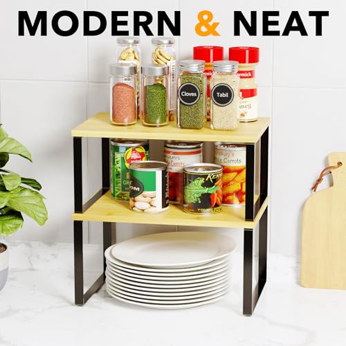 Cabinet Shelf Organizers 2 Pack, Kitchen Counter R... (Black + Natural | Bamboo)