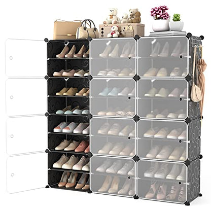 Portable Shoe Rack Organizer with Door, 48 Pairs Shoe Storage Cabinet Easy Assembly, Plastic Adjustable Shoe Organizer Stackable Detachable Free Standing Shoe Rack DIY Expandable 8 Tier Black